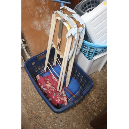 66 - IRONING BOARD, AIRER, FOLDING STOOLS, BUCKETS, LAUNDRY BIN ETC.