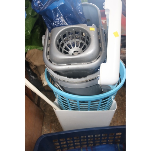 66 - IRONING BOARD, AIRER, FOLDING STOOLS, BUCKETS, LAUNDRY BIN ETC.