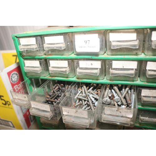 97 - QTY OF BOLTS, TINS & SMALL DRAWER UNIT