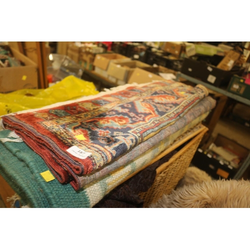 187 - 3 X RUGS, BASKET CONTAINING CURTAINS & LARGE SOFT TOY