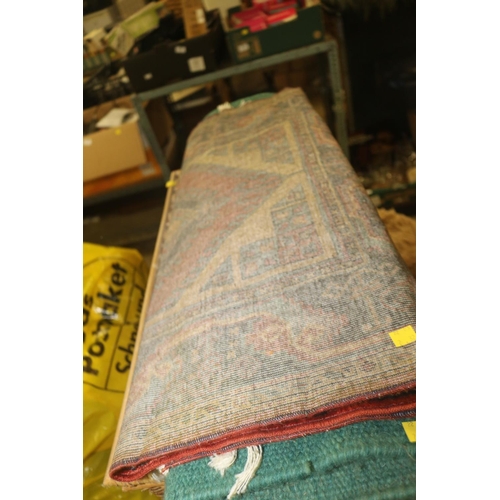 187 - 3 X RUGS, BASKET CONTAINING CURTAINS & LARGE SOFT TOY