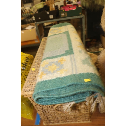 187 - 3 X RUGS, BASKET CONTAINING CURTAINS & LARGE SOFT TOY