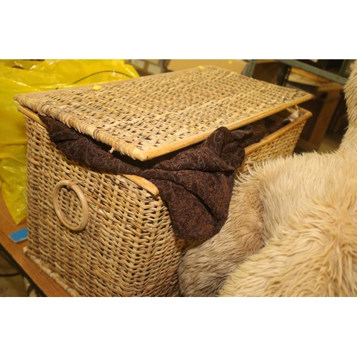 187 - 3 X RUGS, BASKET CONTAINING CURTAINS & LARGE SOFT TOY