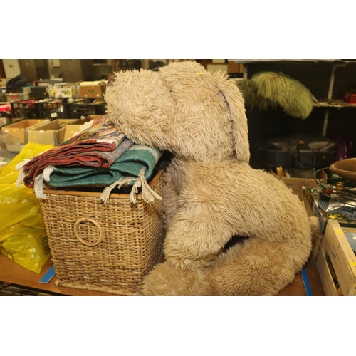 187 - 3 X RUGS, BASKET CONTAINING CURTAINS & LARGE SOFT TOY