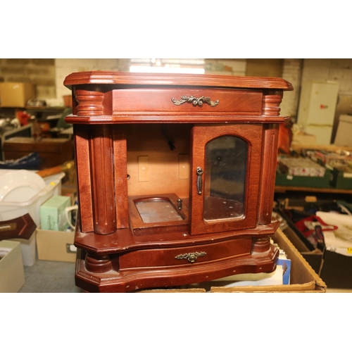 199 - 3 BOXES OF COLLECTABLES/WALKING STICK & SMALL DISPLAY CABINET (A/F)