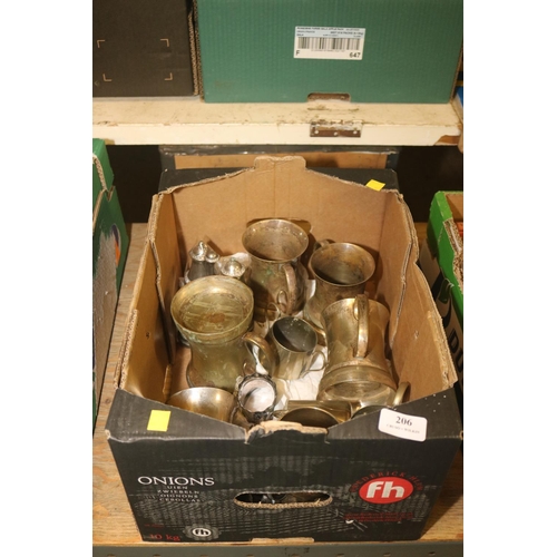 206 - BOX OF METALWARE INCLUDING TANKARDS FROM THE OLD MANOR HOUSE, WALTON UPON THAMES