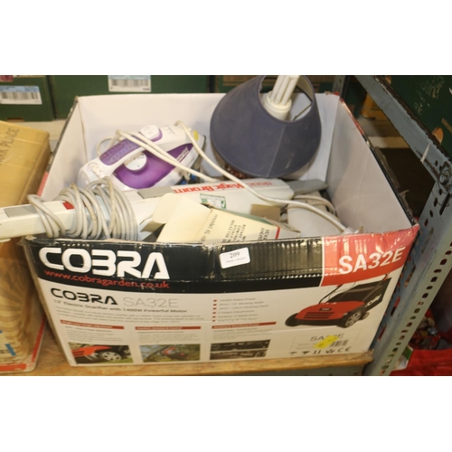 209 - BOX OF ELECTRICS, LAMP, 2 X HEATERS, IRON, MAGIC BROOM, PHONES ETC. - WARRANTED UNTIL 12 NOON ON TUE... 