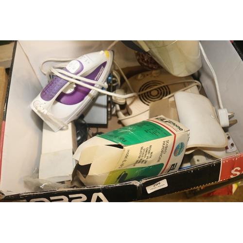 209 - BOX OF ELECTRICS, LAMP, 2 X HEATERS, IRON, MAGIC BROOM, PHONES ETC. - WARRANTED UNTIL 12 NOON ON TUE... 