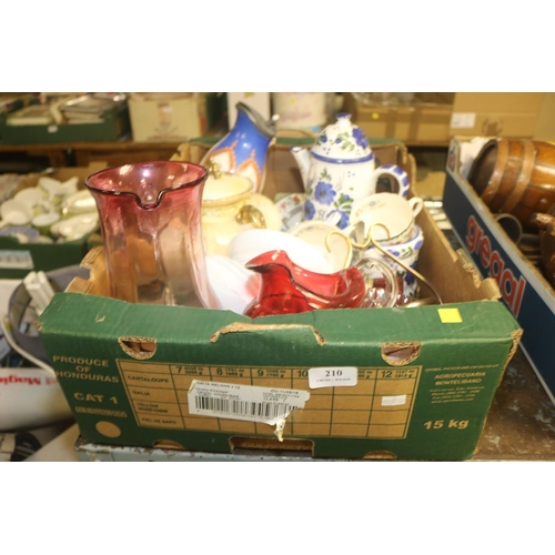 210 - BOX OF MISC. CHINA AND CRANBERRY GLASS