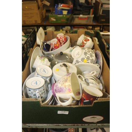 218 - MIXED LOT OF CHINA INCLUDING 6 INDIVIDUAL BAKING DISHES, TWO TEAPOTS, TEA CADDY, MUGS, JUG, VARIETY ... 