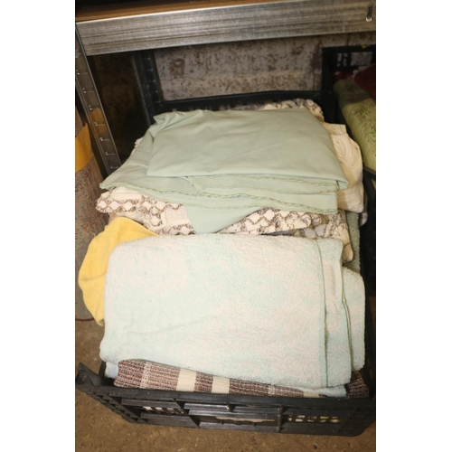 191 - 4 CRATES OF VARIOUS LINEN AND CURTAINS/TOWELS ETC ETC