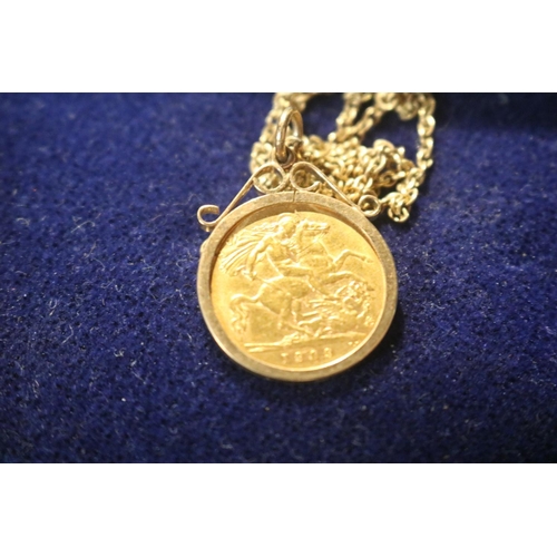 574 - HALF SOVERIGN COIN & 9CT GOLD CHAIN