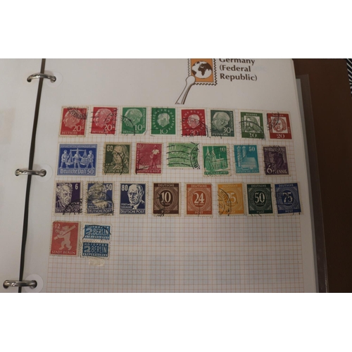 583 - INTERNATIONAL STAMP ALBUM & BOX OF STAMPS