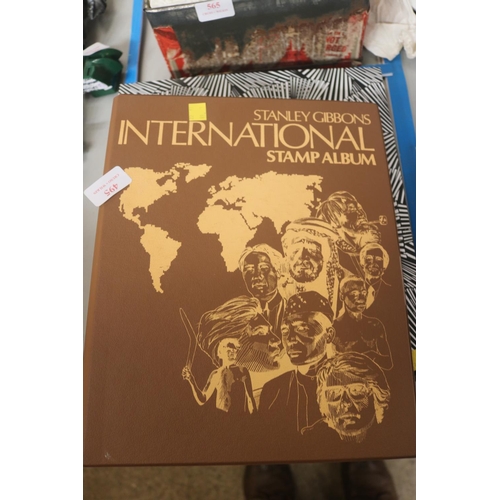 583 - INTERNATIONAL STAMP ALBUM & BOX OF STAMPS