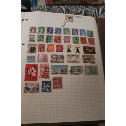 583 - INTERNATIONAL STAMP ALBUM & BOX OF STAMPS