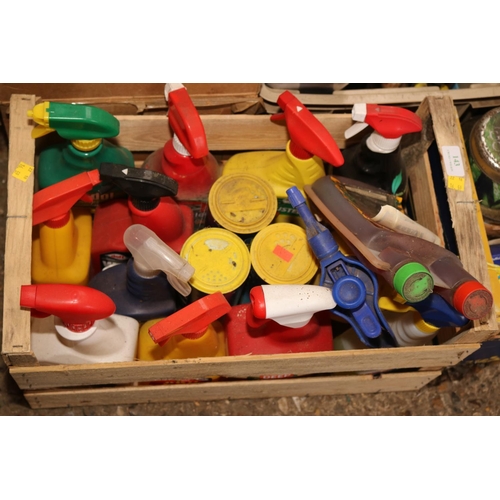 143 - 6 X BOXES & 1 BUCKET OF GARDEN MISC INC FENCE PAINT/GRAVEL/SPRAYS ETC