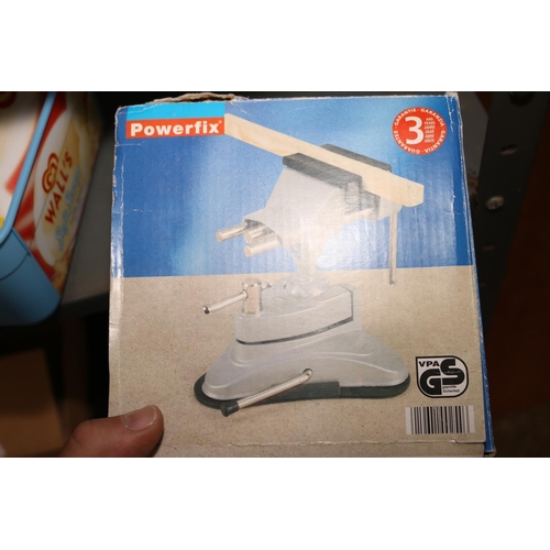 156 - BOX OF MINI CLAMPS & POWERFIX VICE