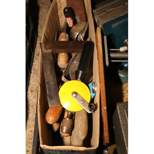 205 - BOX OF TOOLS INC CLAMPS/VICES/DRILL BITS