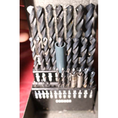 205 - BOX OF TOOLS INC CLAMPS/VICES/DRILL BITS