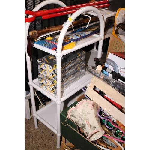 210 - SMALL BOOKCASE/FOLDING TABLE/CASE OF CHRISTMAS DECS/COAT HANGERS