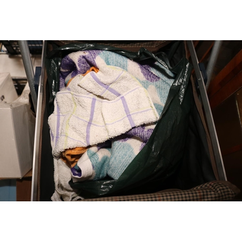 212 - TROLLEY OF DUST SHEETS/BOX OF TOWELS & BOXES OF PAPER ETC