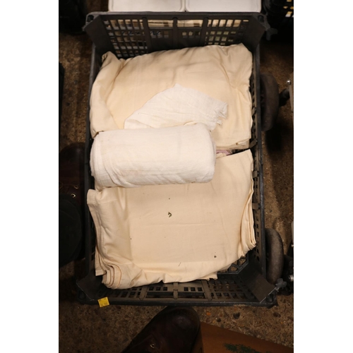 212 - TROLLEY OF DUST SHEETS/BOX OF TOWELS & BOXES OF PAPER ETC