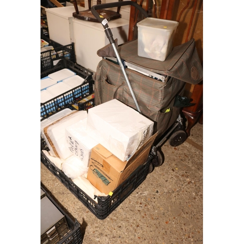 212 - TROLLEY OF DUST SHEETS/BOX OF TOWELS & BOXES OF PAPER ETC