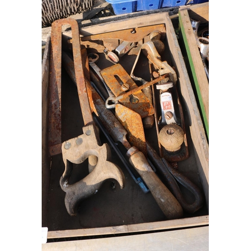 23 - 3 BOXES OF MIXED TOOLS INC PLANES/SPANNERS ETC