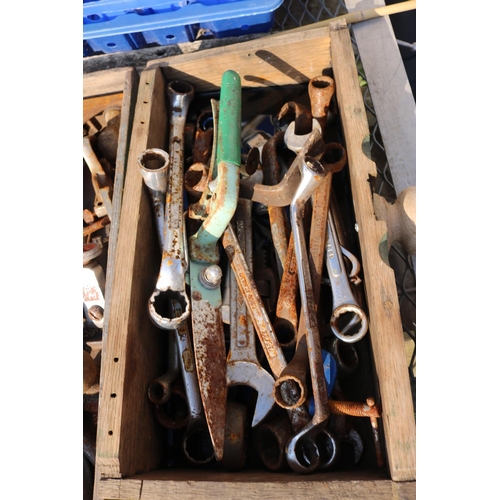 23 - 3 BOXES OF MIXED TOOLS INC PLANES/SPANNERS ETC