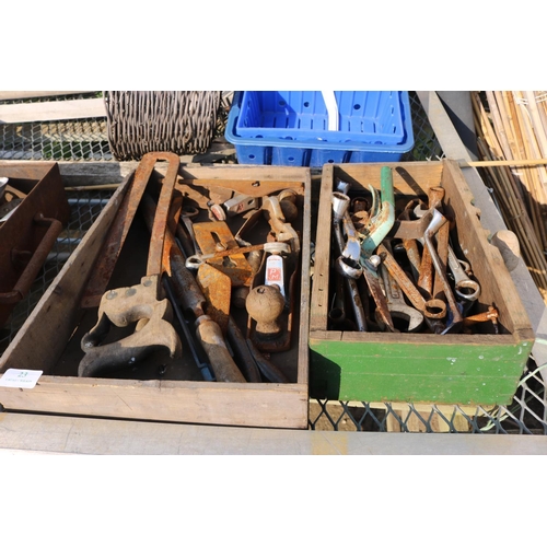 23 - 3 BOXES OF MIXED TOOLS INC PLANES/SPANNERS ETC