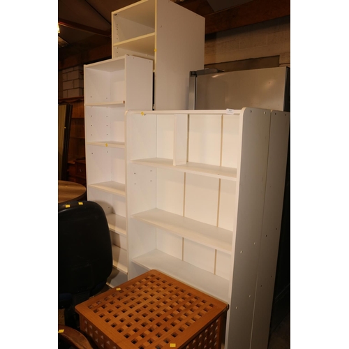 303 - 3 TALL WHITE BOOKCASES  TALL WHITE CUPBOARD