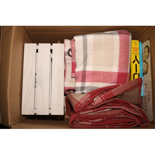 335 - BOX OF CURTAINS/DIY BOOKS/STORAGE BOXES