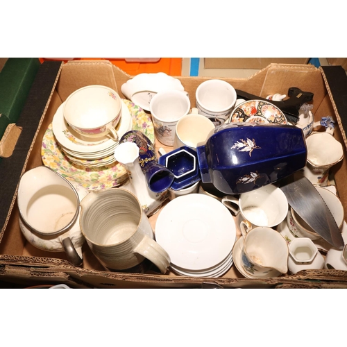 367 - 4 X BOXES OF VARIOUS CHINA/PLATES/CUPS/SAUCERS/TEA POTS/CAKE STANDS INC AYNSLEY