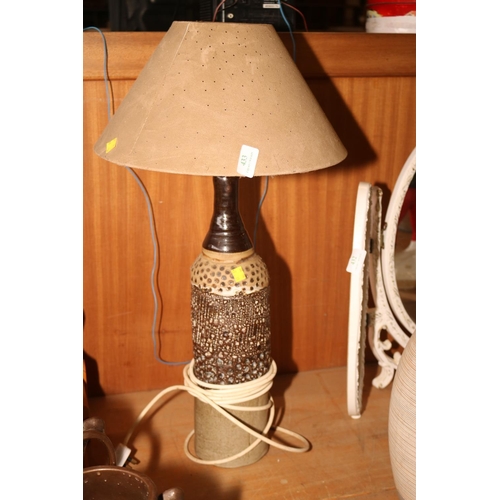 433 - BOTTLE SHAPE POTTERY TABLE LAMP WITH SHADE - WARRANTED UNTIL NOON TUES FOLLOWING THE ABOVE SALE