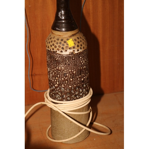 433 - BOTTLE SHAPE POTTERY TABLE LAMP WITH SHADE - WARRANTED UNTIL NOON TUES FOLLOWING THE ABOVE SALE