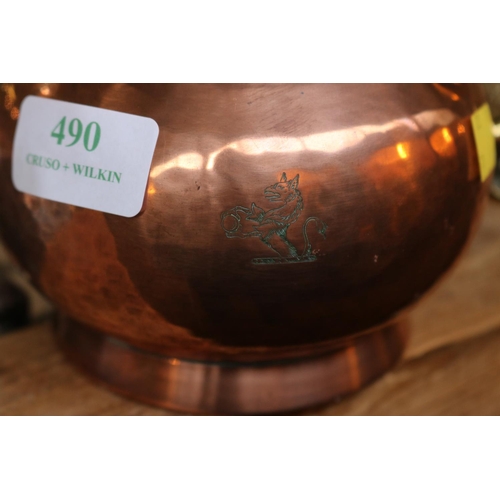 490 - COPPER & BRASS ALE JUG WITH 1807 COIN IN LID