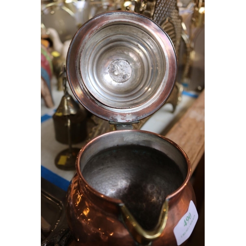 490 - COPPER & BRASS ALE JUG WITH 1807 COIN IN LID