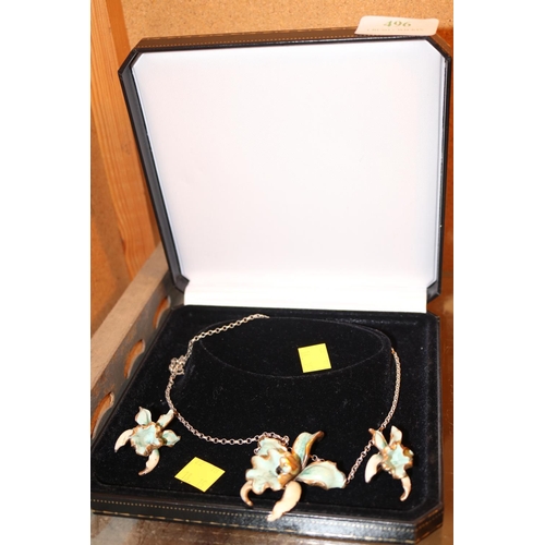 496 - ENAMEL FLOWER SUITENECKDLACE/EARRINGS WITH CHAIN BOXED