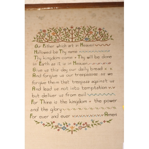 556 - ANTIQUE SAMPLER - THE LORDS PRAYER/PICTURE OF JC WITH BREAD & WINE