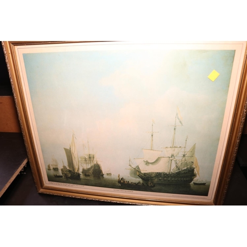 564 - 3 X FRAMED & GLAZED PRINTS - DUTCH EAST INDIA FLEET & THAMES BARGE