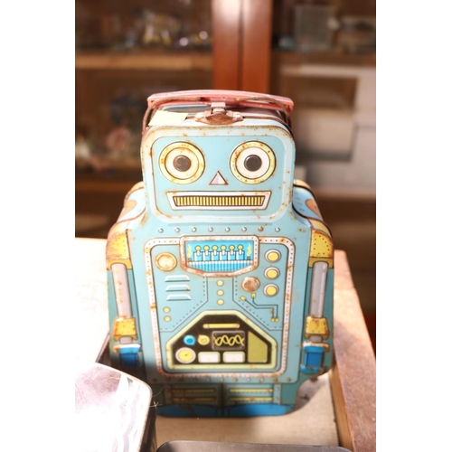 583 - VINTAGE TINS/ROBOT LUNCH BOX/MERMAID CHOCOLATE TOFFEE TIN/ECLIPSE CANDY CO XMAS TIN ETC