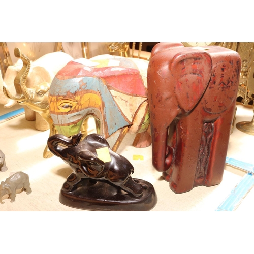 593 - VARIOUS ELEPHANTS/BRASS/WOOD/POTTERY