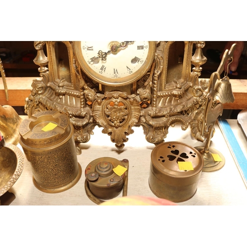 594 - VARIOUS BRASS ITEMS - CIGARETTE HOLDER WITH ASHTRAY/ANIMALS/GONG ETC AND VINTAGE BRASS CLOCK