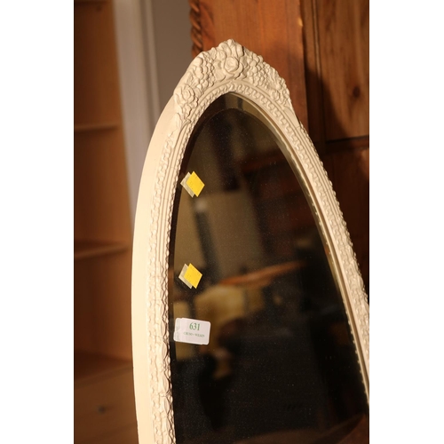 631 - IVORY COLOURED OVAL MIRROR ON STAND