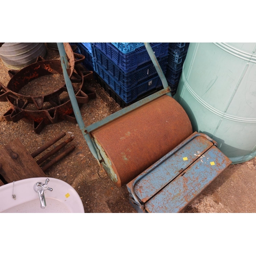 66 - GARDEN ROLLER & TOOL BOX WITH CONTENTS