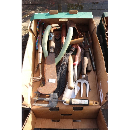 24 - BOX OF GARDEN HAND TOOLS & BILLHOOK