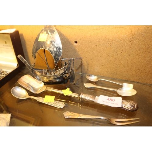 480 - WHITE METAL SHIP & 5 SPOONS, ETC (SOME CONTINENTAL)