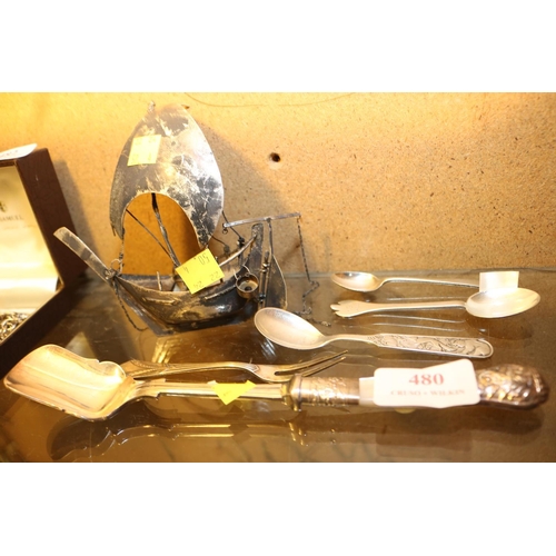 480 - WHITE METAL SHIP & 5 SPOONS, ETC (SOME CONTINENTAL)