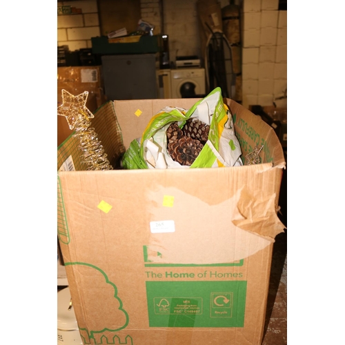 265 - BOX OF XMAS DECORATIONS & BAG OF PINE CONES