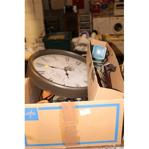 274 - 2 BOXES OF ASSORTED CLOCKS, 4 CANDLE HOLDERS, TABLE LAMP & WOODEN ORNAMENTS - WARRANTED UNTIL 12 NOO... 